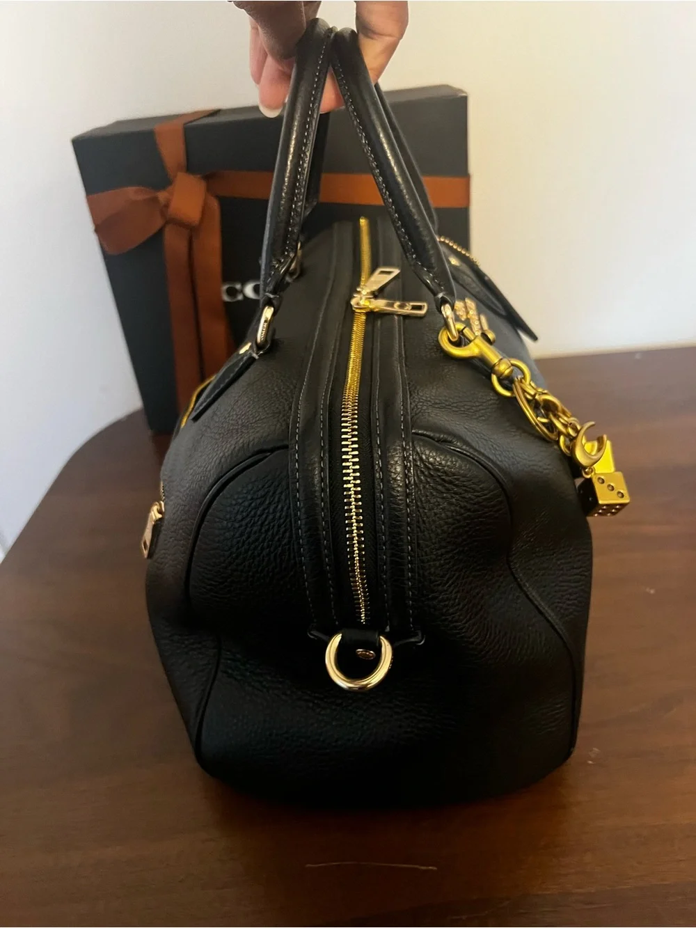 Authentic Coach Black Pebbled Leather Large Rowan Satchel with Gold Accents